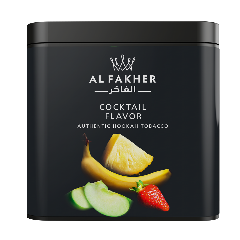 Al Fakher Cocktail Flavor Authentic Hookah Tobacco tin with fruit illustrations on black container
