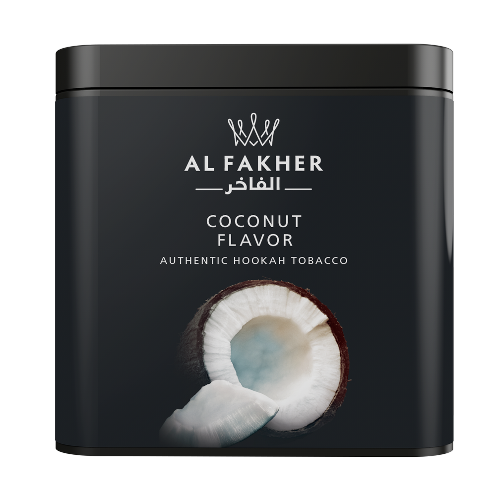 Al Fakher coconut flavor authentic hookah tobacco in a black container with coconut image