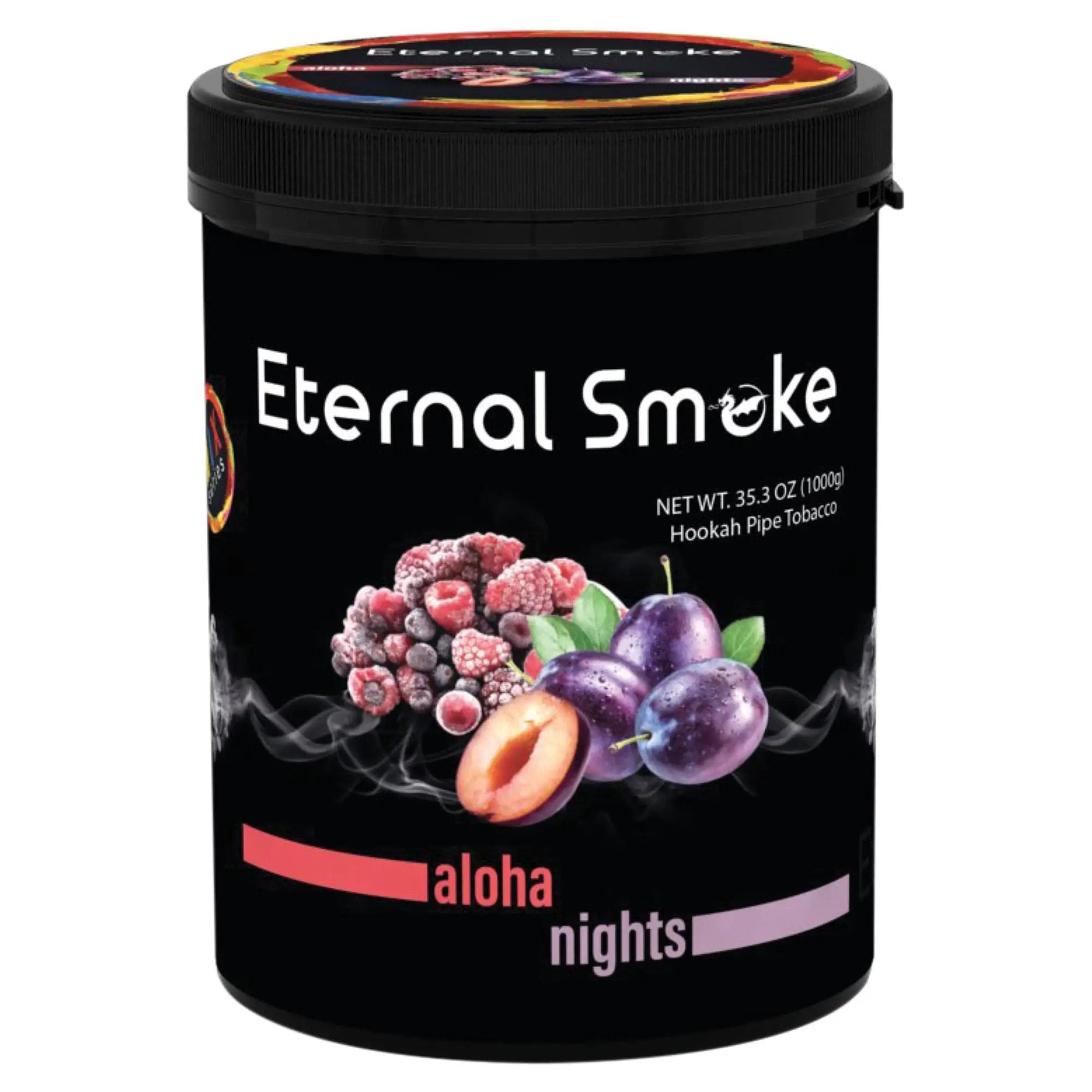 Eternal Smoke Aloha Nights Hookah Pipe Tobacco with mixed berries and plums flavor in black container