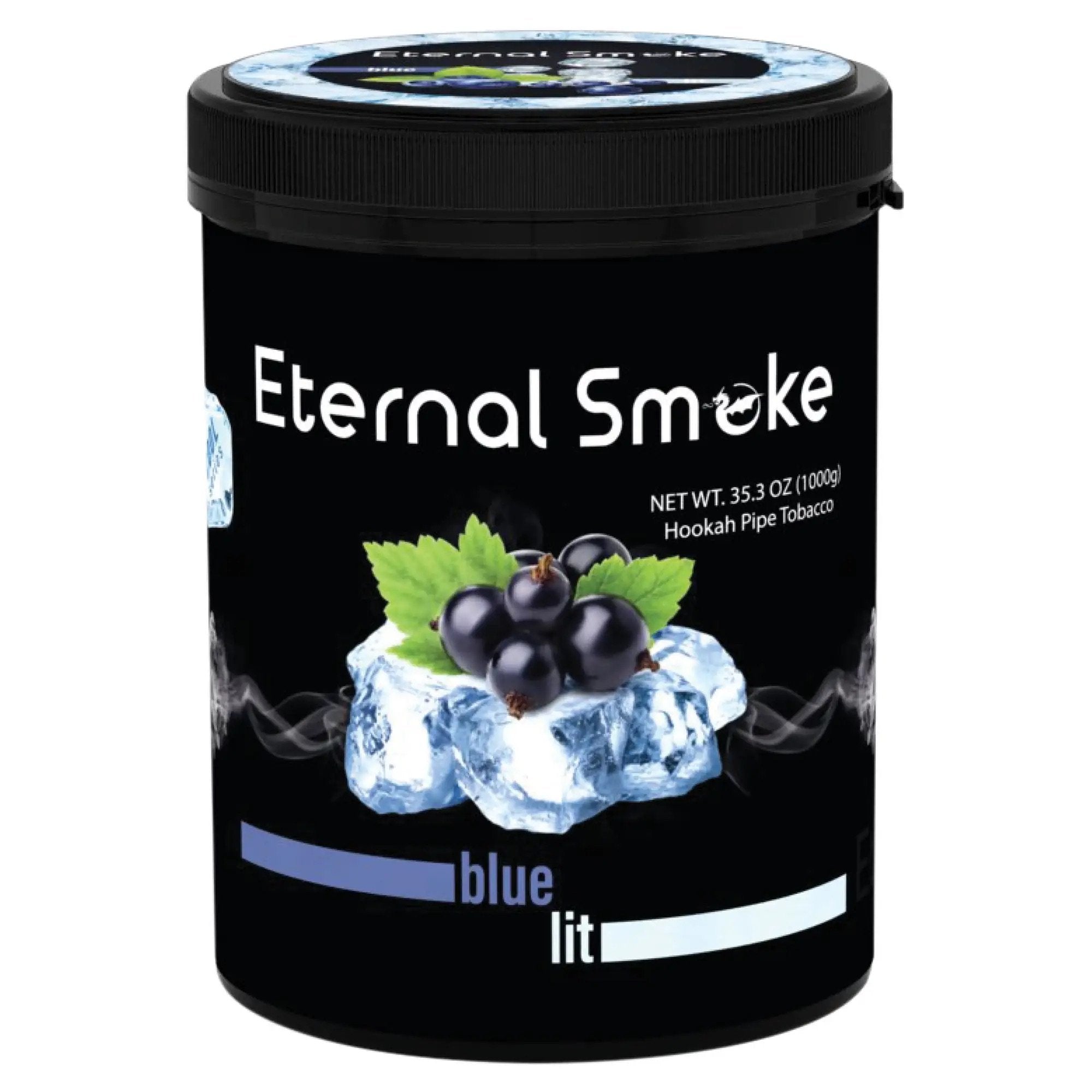 Eternal Smoke Blue Lit hookah pipe tobacco 35.3 oz container with grape and ice graphic