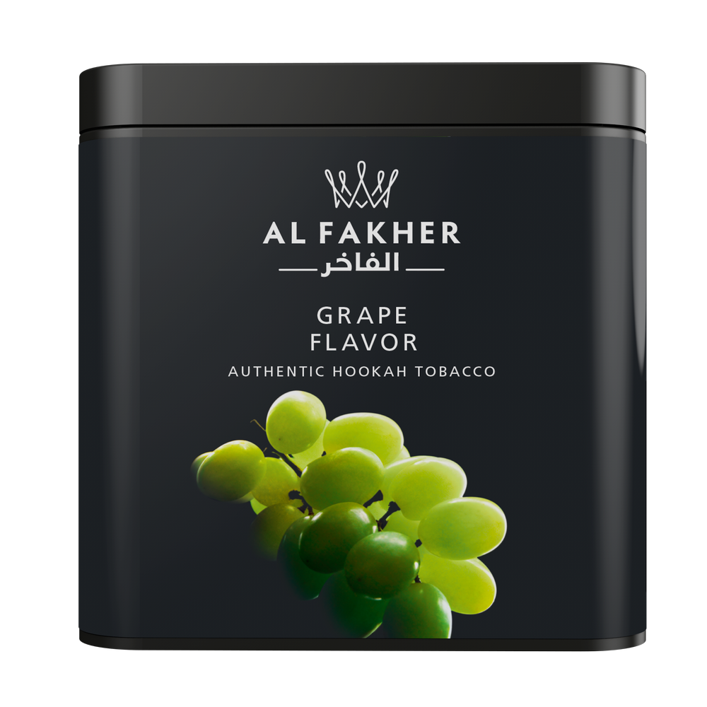 Al Fakher grape flavor authentic hookah tobacco in black container with green grapes image