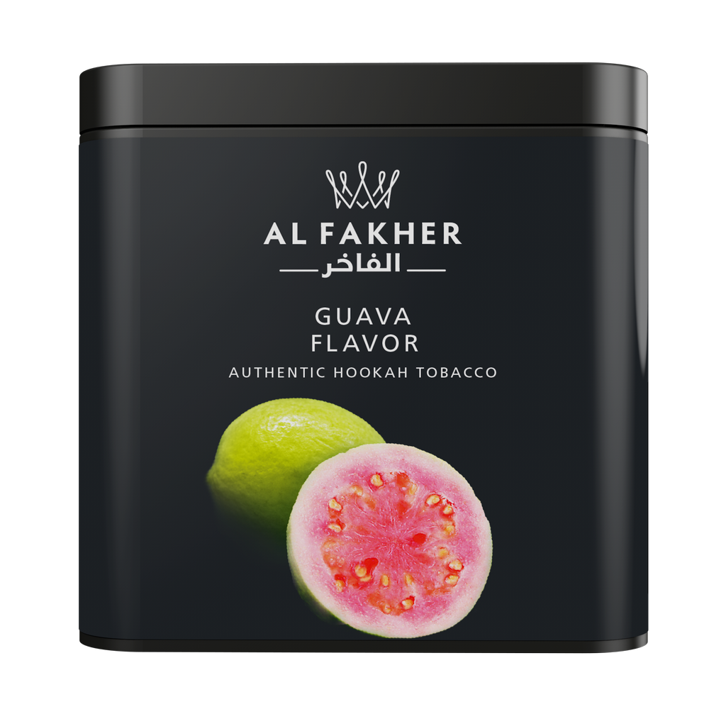 Al Fakher guava flavor authentic hookah tobacco in a black container with guava fruit image