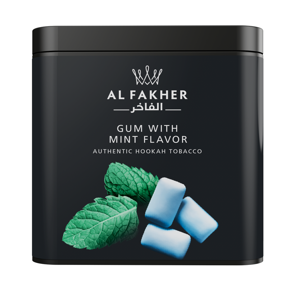 Al Fakher gum with mint flavor authentic hookah tobacco in black container with mint leaves and gum pieces