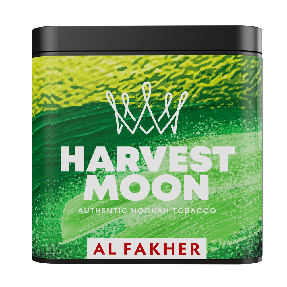 Harvest Moon Authentic Hookah Tobacco by Al Fakher in green and yellow packaging