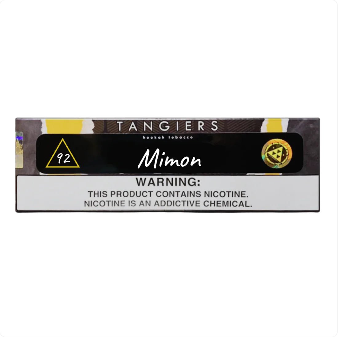 Tangiers Mimon hookah tobacco by LE TABAC with nicotine warning label on black and yellow packaging