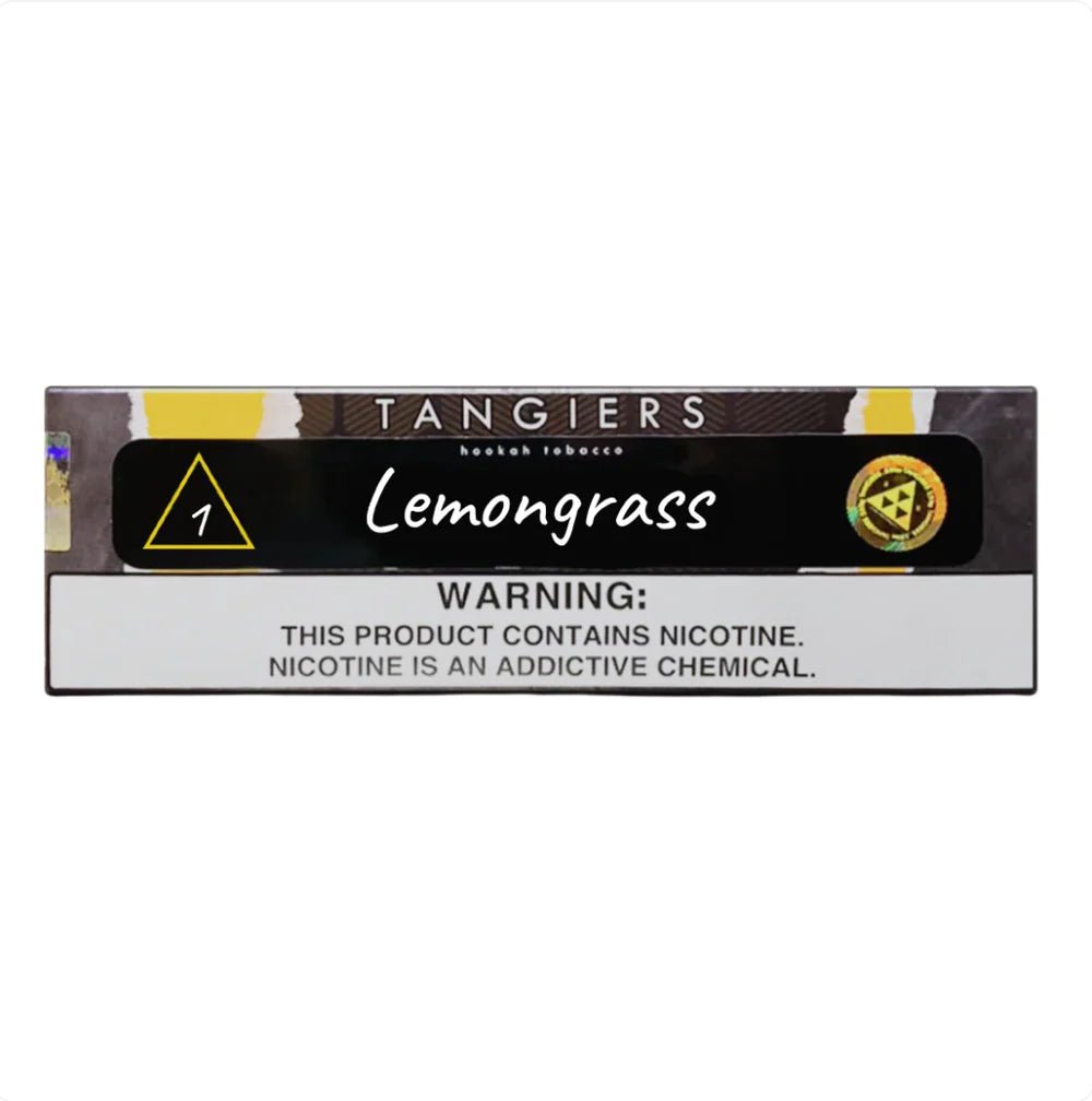 Tangiers Lemongrass hookah tobacco pack with nicotine warning label by LE TABAC
