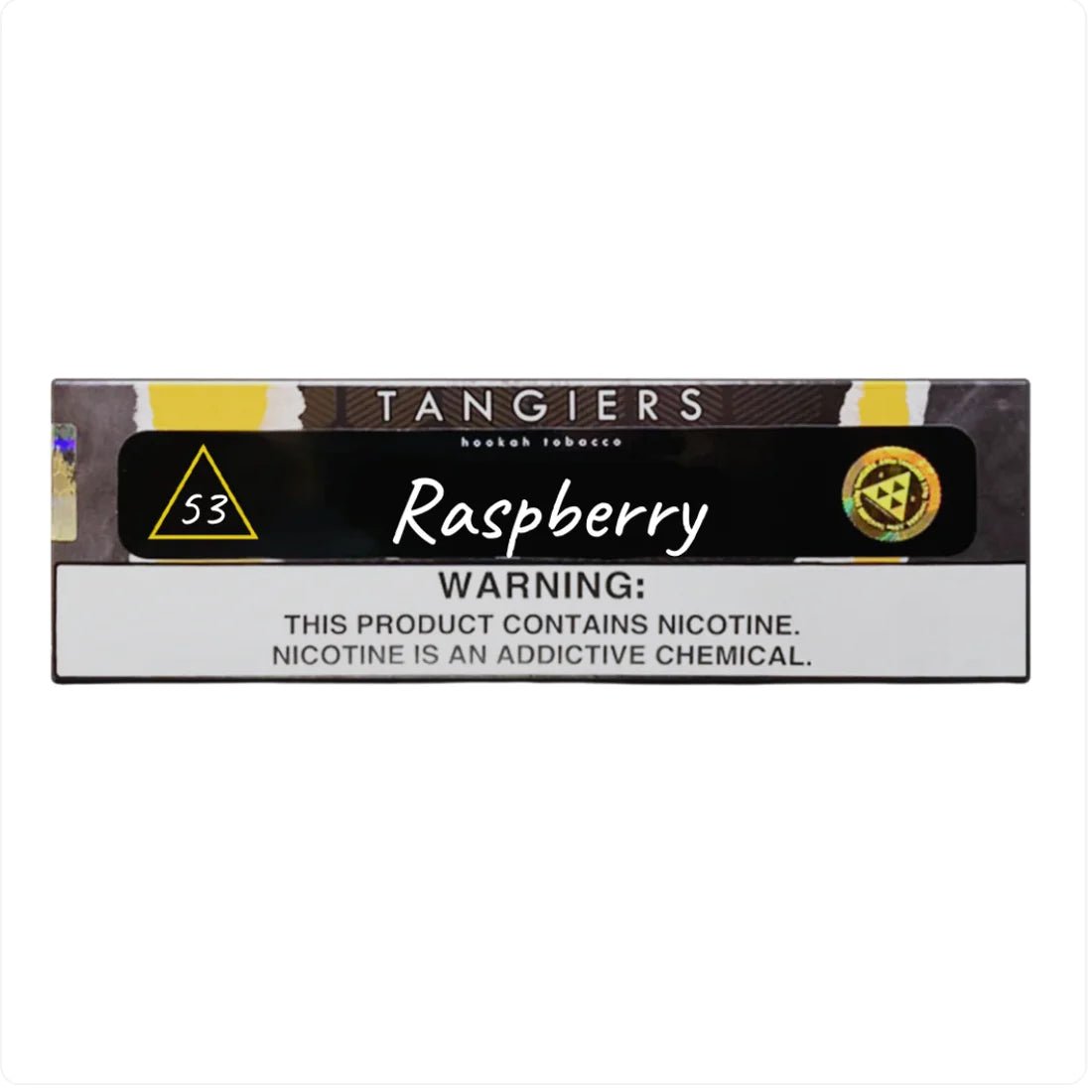 Tangiers Raspberry hookah tobacco package with nicotine warning label