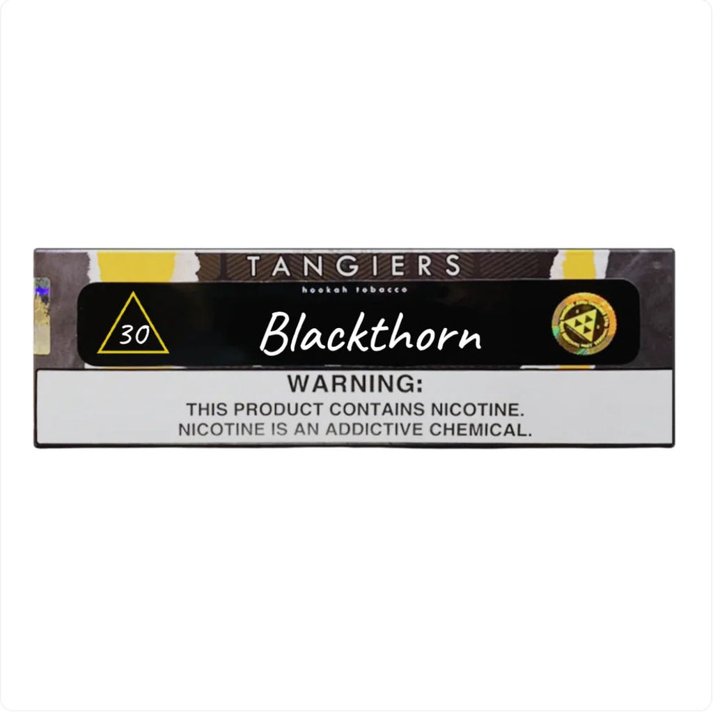 Tangiers Blackthorn hookah tobacco pack with nicotine warning and LE TABAC branding