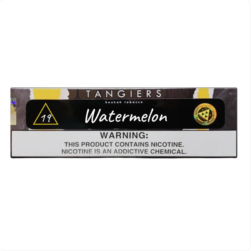 Tangiers Watermelon hookah tobacco package with nicotine warning label from LE TABAC
