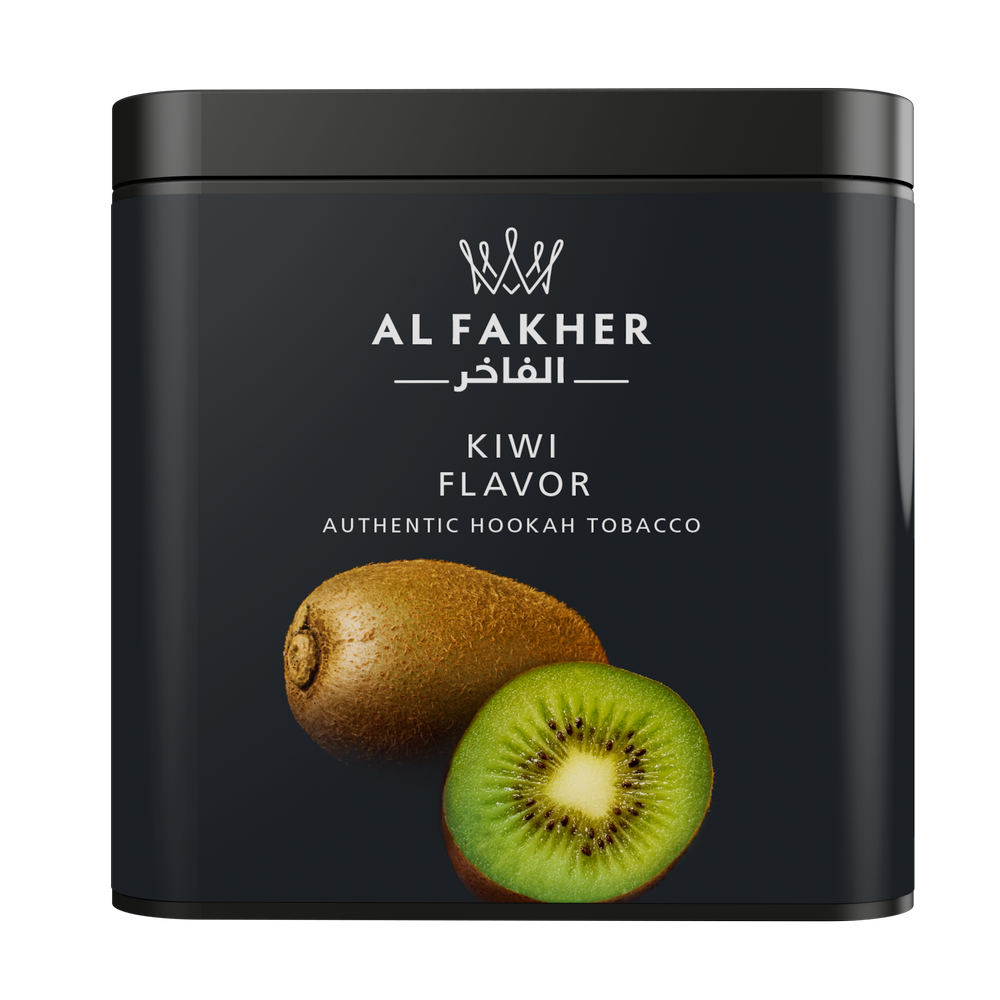 Al Fakher Kiwi Flavor Authentic Hookah Tobacco in a black container with kiwi fruit image