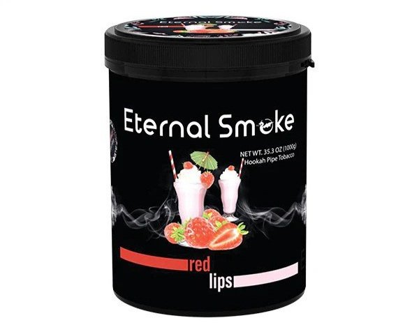 Eternal Smoke Red Lips hookah pipe tobacco container with strawberry and milkshake flavor branding by LE TABAC