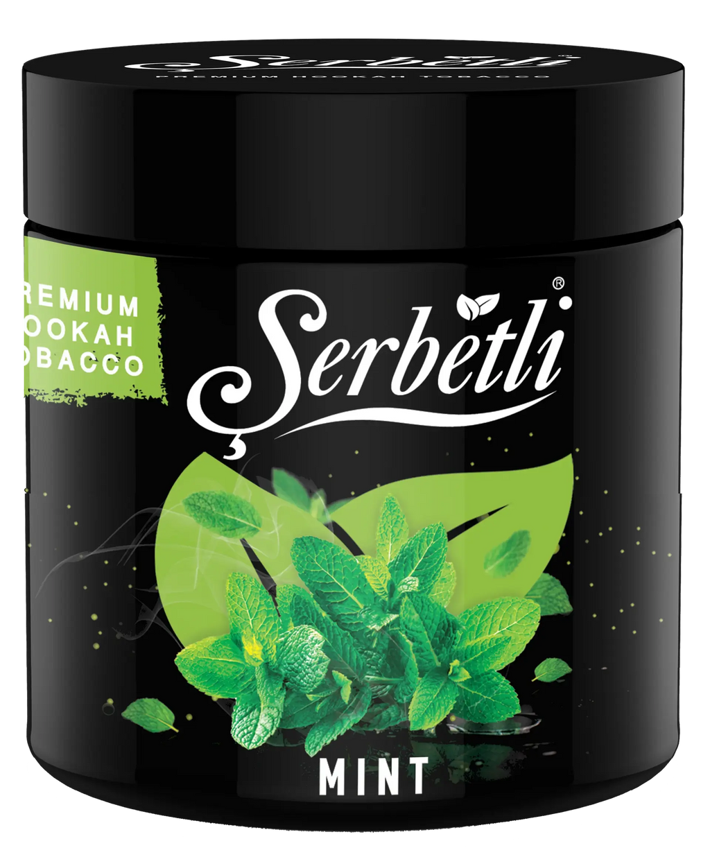 Serbetli mint premium hookah tobacco in black container with green mint leaves on label