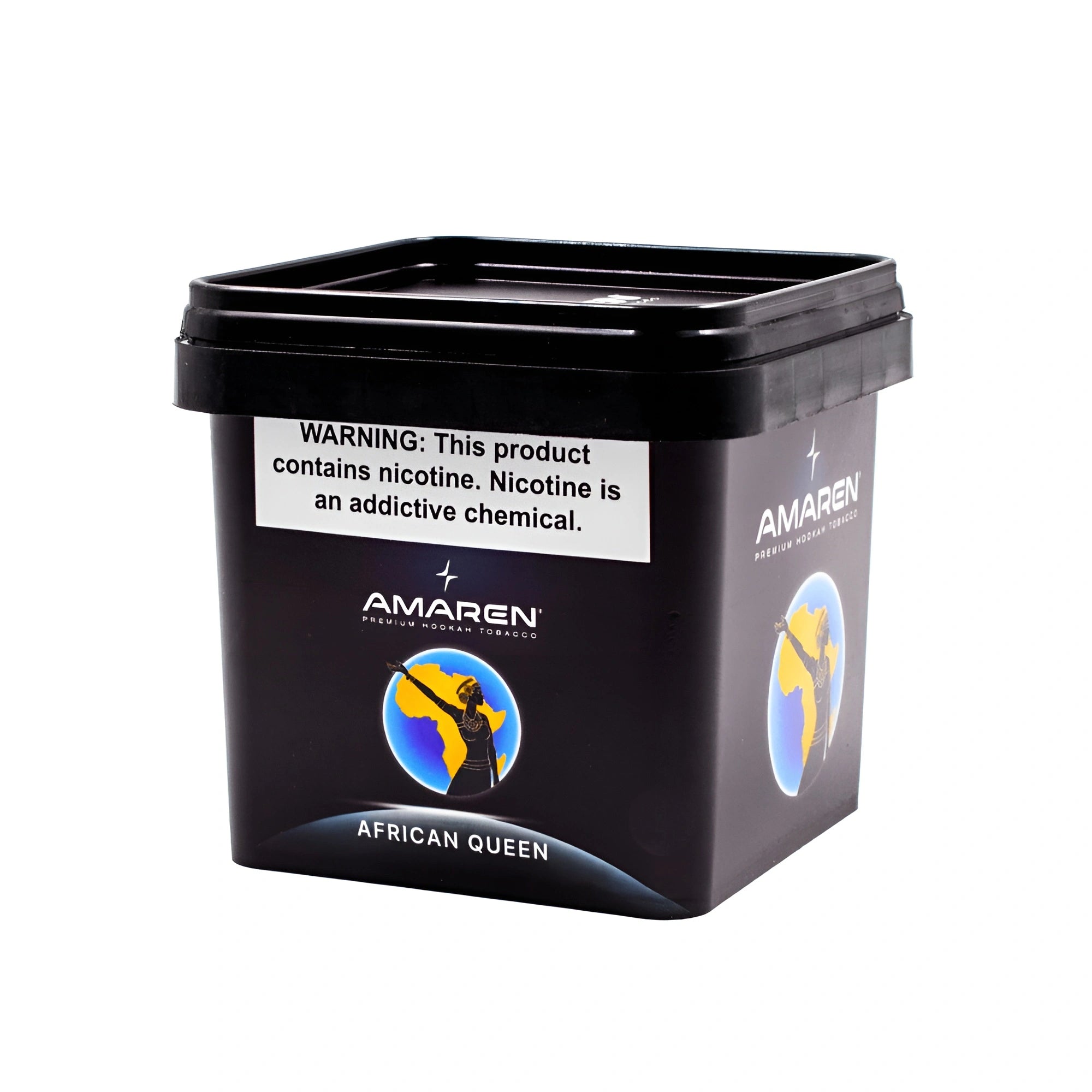 Amaren African Queen premium hookah tobacco in a black square container with nicotine warning label