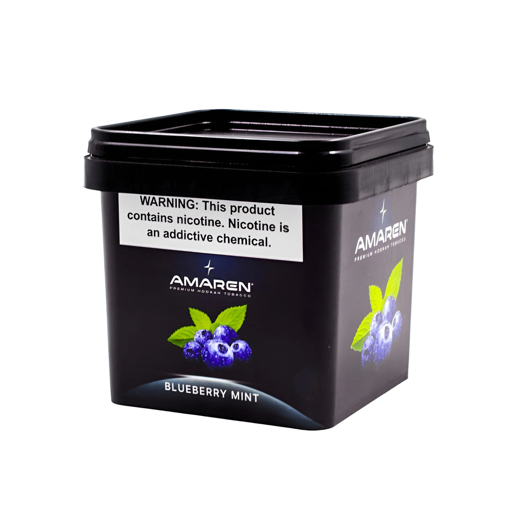 Amaren Blueberry Mint tobacco container with nicotine warning label and blueberry mint flavor design