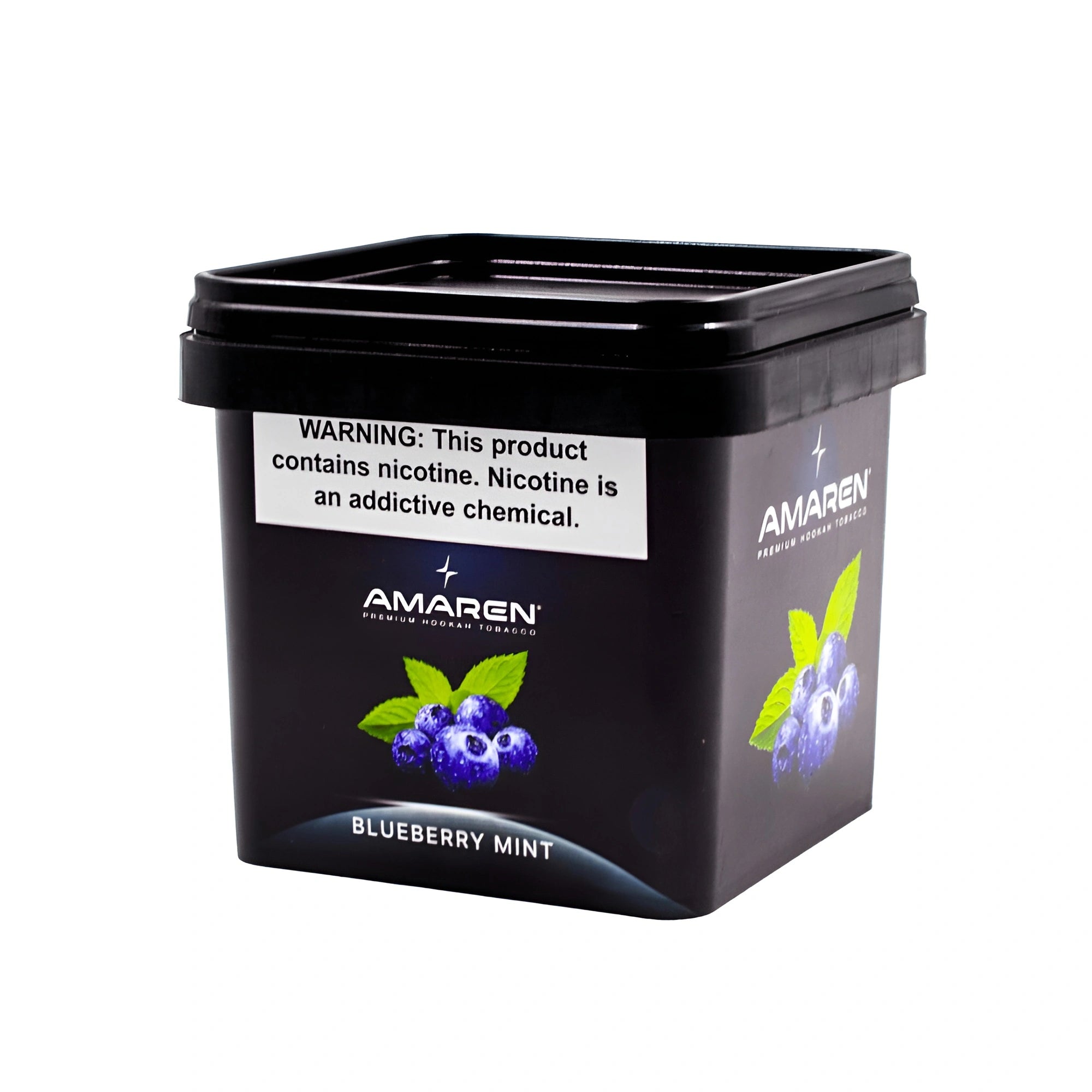 Amaren Blueberry Mint tobacco container with nicotine warning label and blueberry mint flavor design