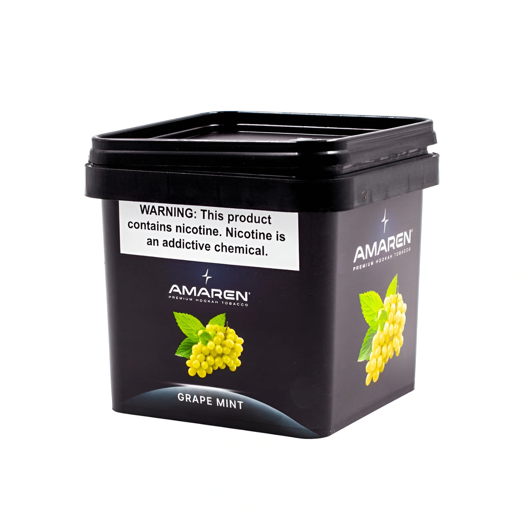 Amaren Grape Mint flavored premium modern tobacco container with nicotine warning label