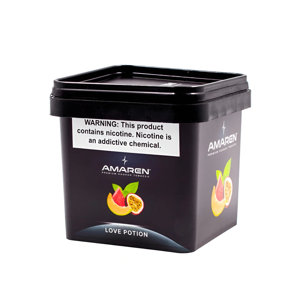Amaren Love Potion premium hookah tobacco container with black lid and fruit design