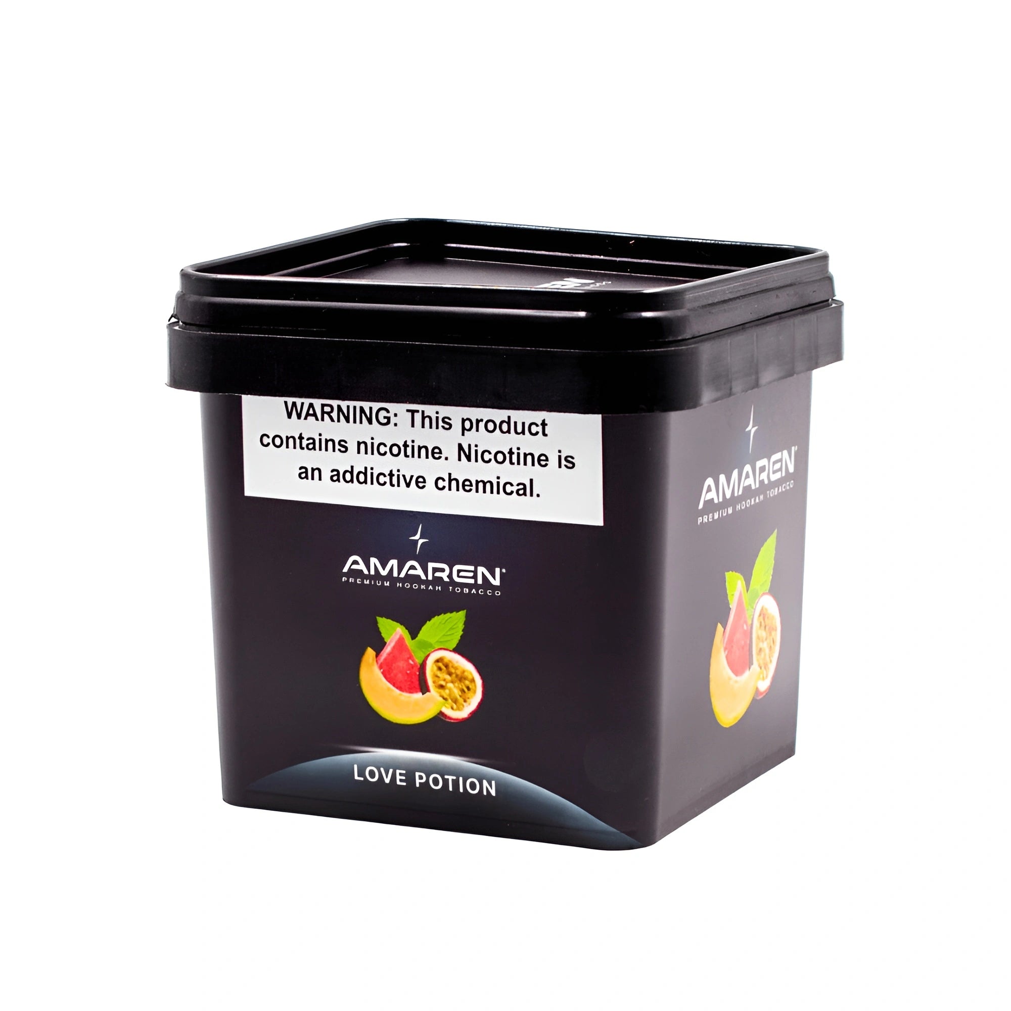 Amaren Love Potion premium hookah tobacco container with black lid and fruit design