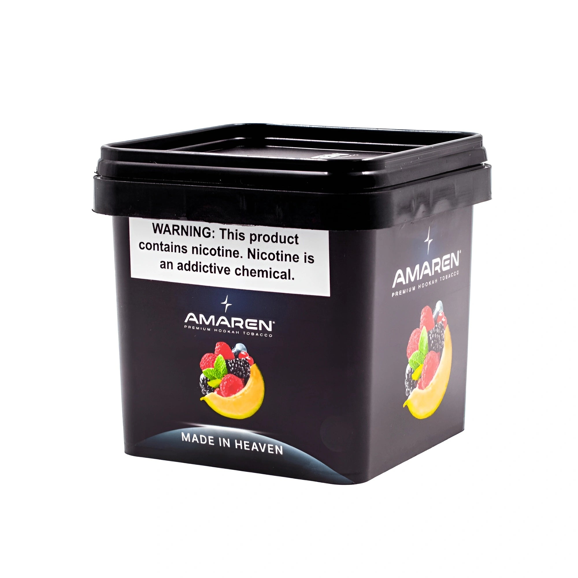 Amaren hookah tobacco container with mixed fruit flavor by LE TABAC and nicotine warning