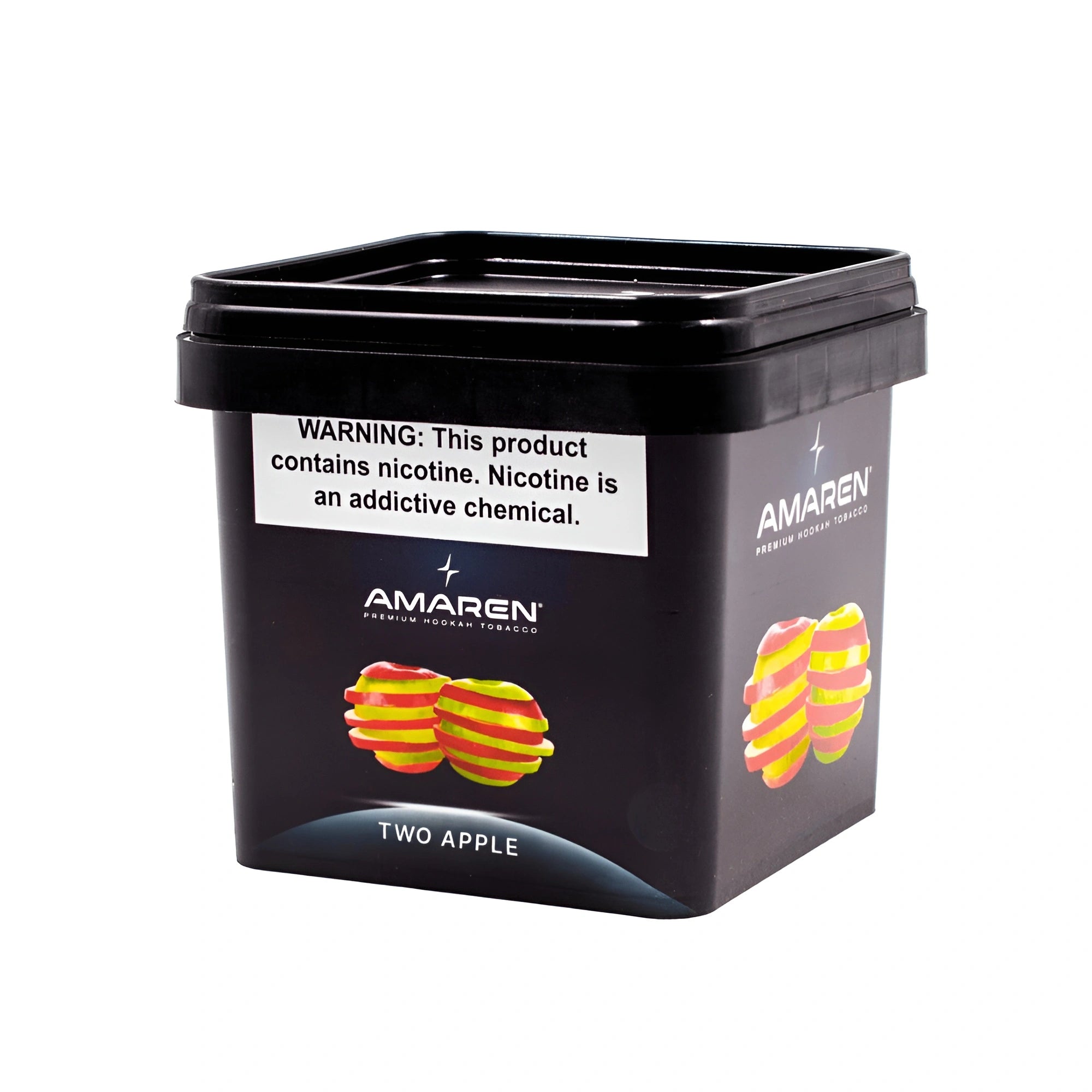 Amaren Two Apple flavored hookah tobacco in a black square container with nicotine warning