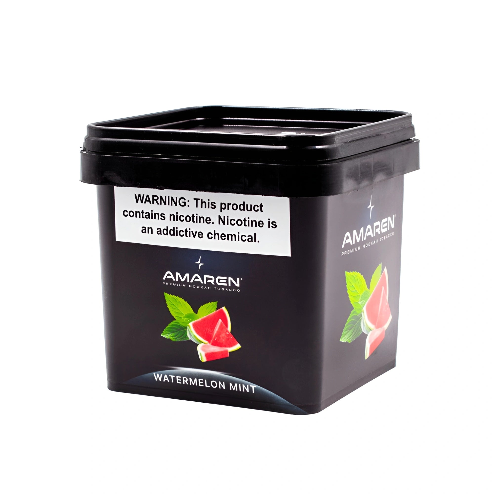 Amaren Watermelon Mint tobacco container with black lid and nicotine warning label