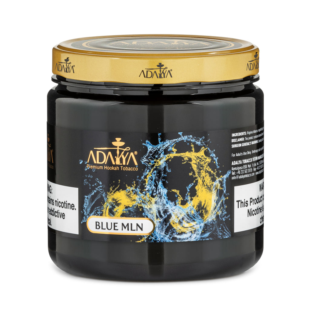 Adalya Blue MLN Premium Hookah Tobacco in a black jar with gold lid and blue yellow design