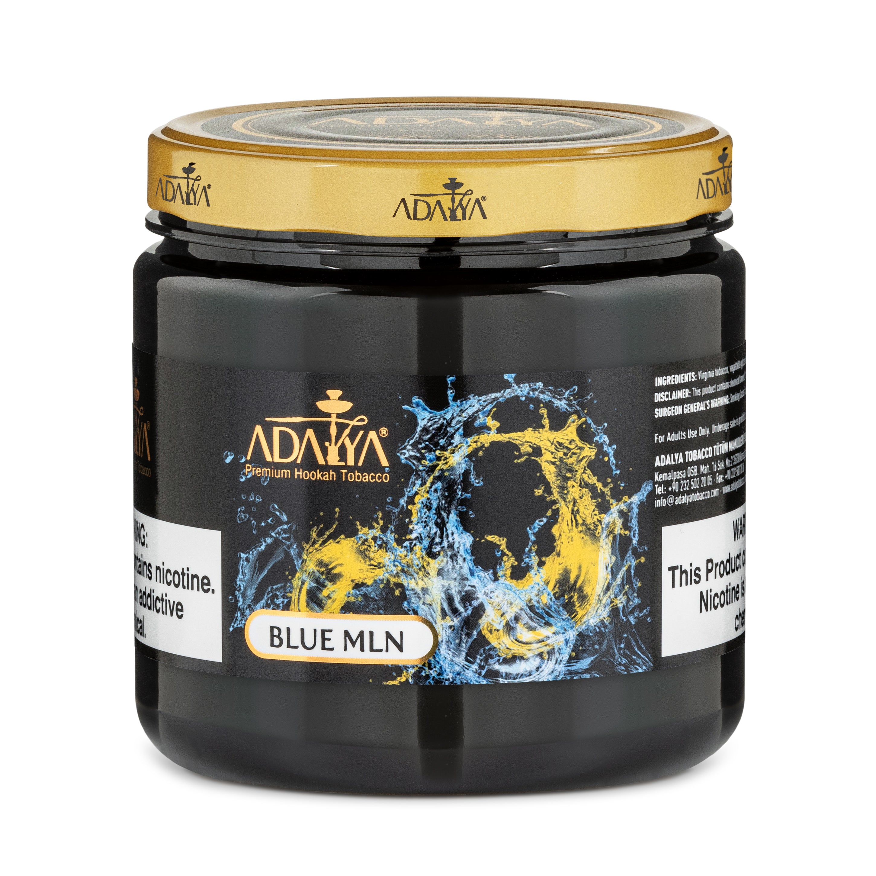 Adalya Blue MLN Premium Hookah Tobacco in a black jar with gold lid and blue yellow design