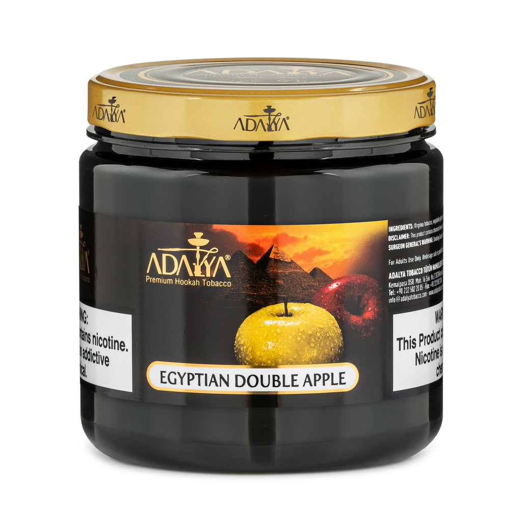 Adalya Egyptian Double Apple Premium Hookah Tobacco in black jar with gold lid