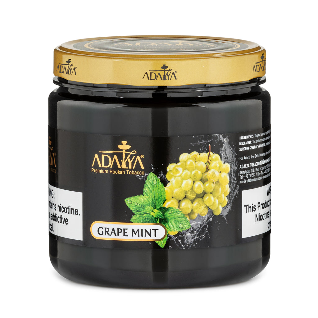Adalya grape mint premium hookah tobacco in black jar with gold lid and grape mint graphic