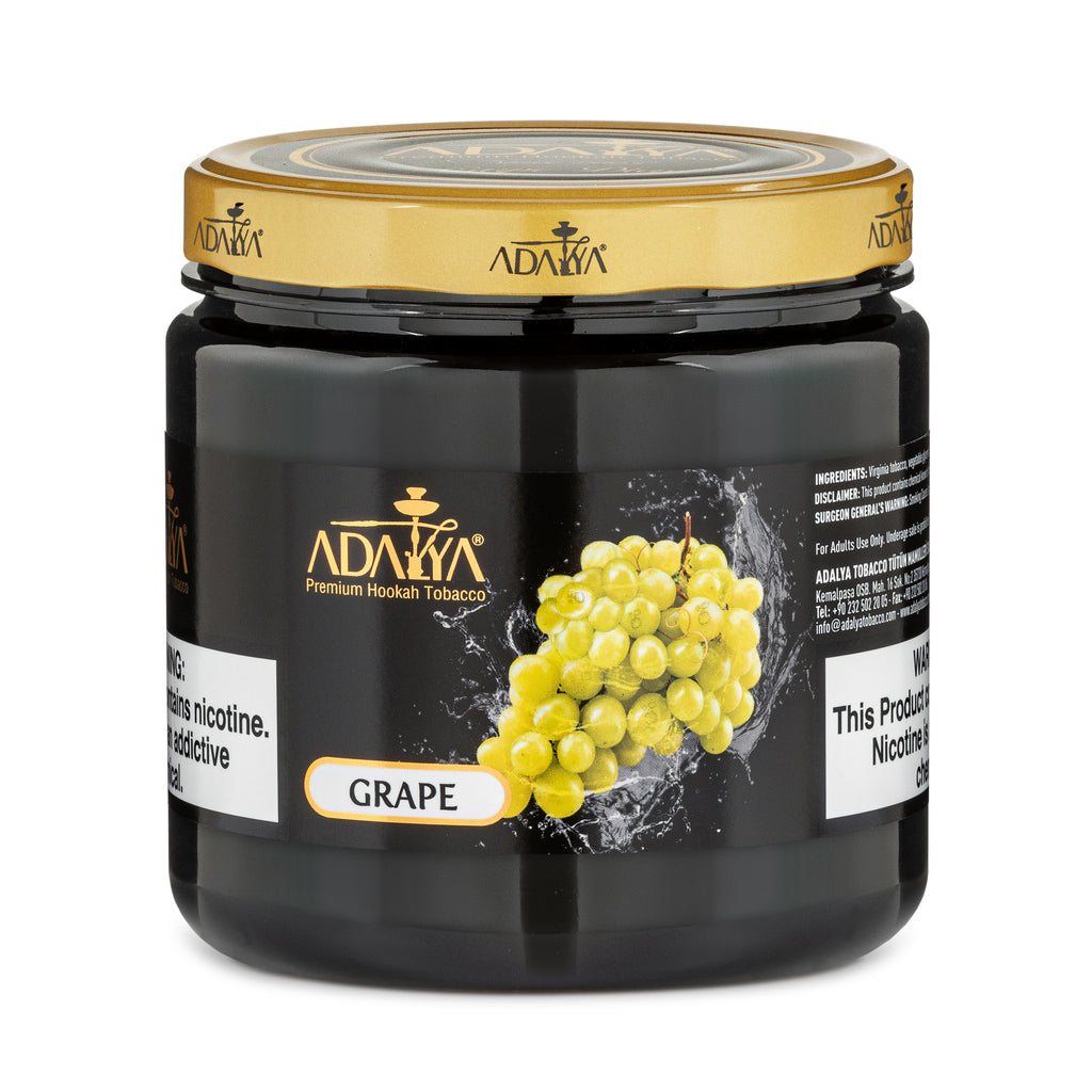 Adalya Premium Hookah Tobacco jar with grape flavor and black and gold packaging