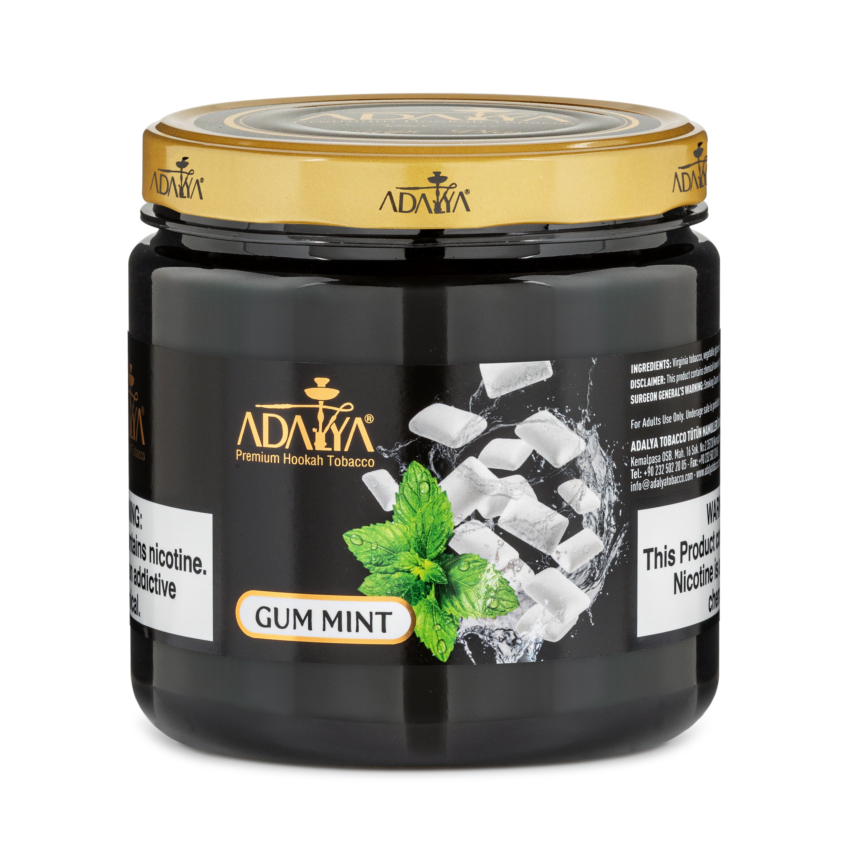 Adalya Premium Hookah Tobacco Gum Mint flavor in a black jar with gold lid and mint leaves design