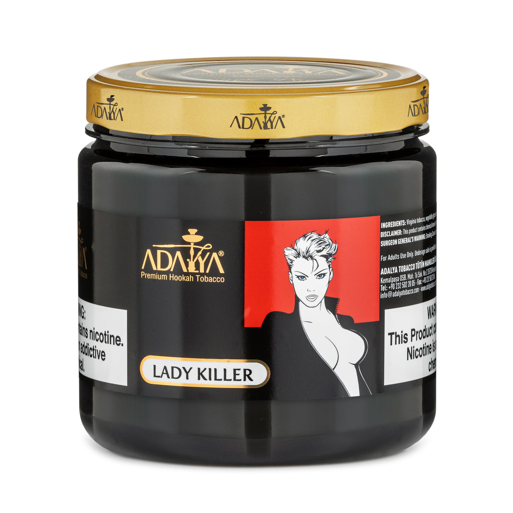 Adalya Lady Killer Premium Hookah Tobacco jar with black and gold lid and stylized woman illustration