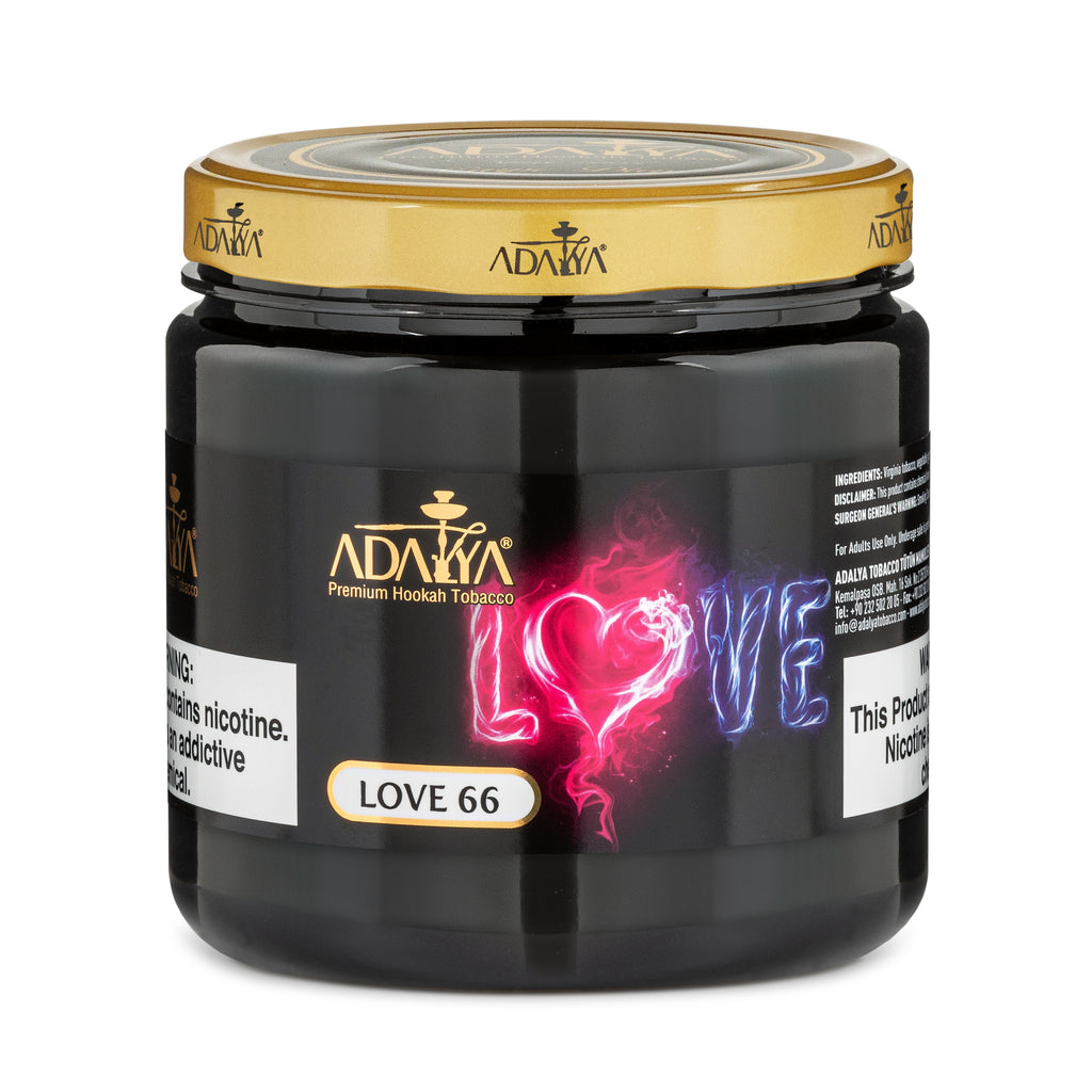 Adalya Love 66 Premium Hookah Tobacco in a black jar with gold lid for flavored smoking