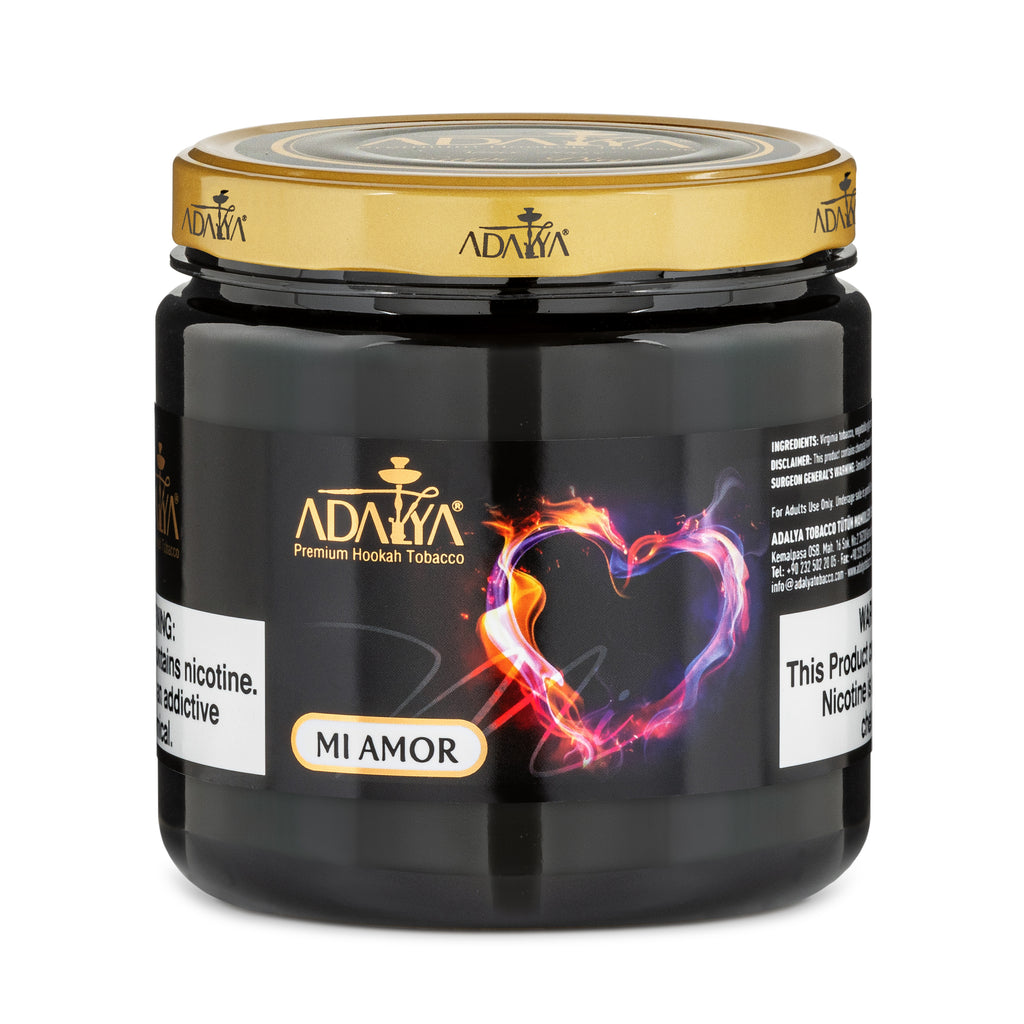 Adalya Mi Amor premium hookah tobacco in black jar with gold lid and heart design on label