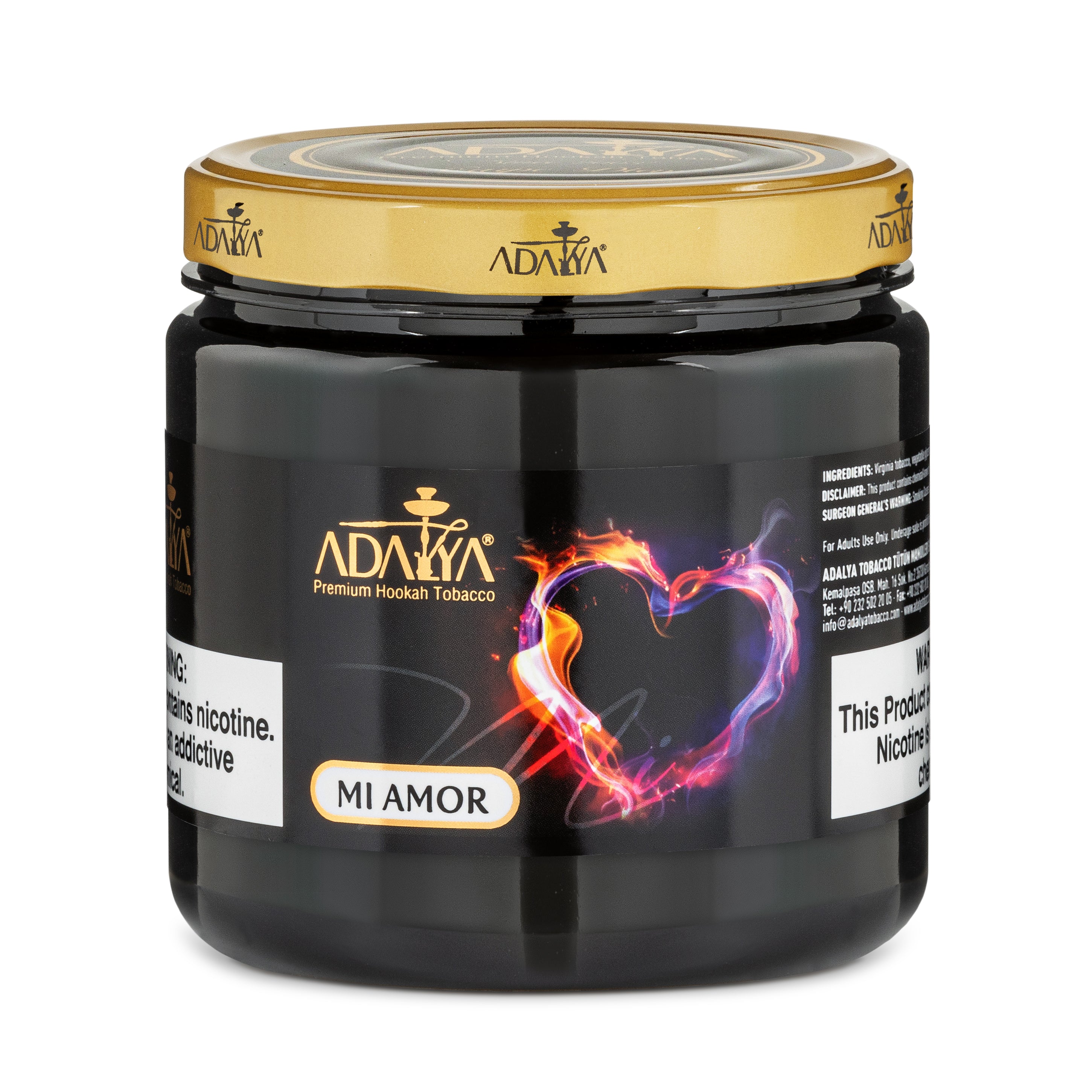 Adalya Mi Amor premium hookah tobacco in black jar with gold lid and heart design on label