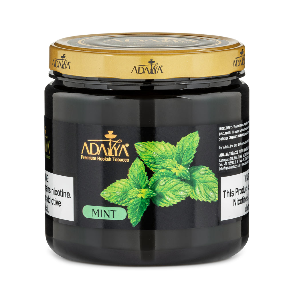 Adalya Premium Hookah Tobacco Mint Flavor in Black Jar with Gold Lid and Green Mint Leaves