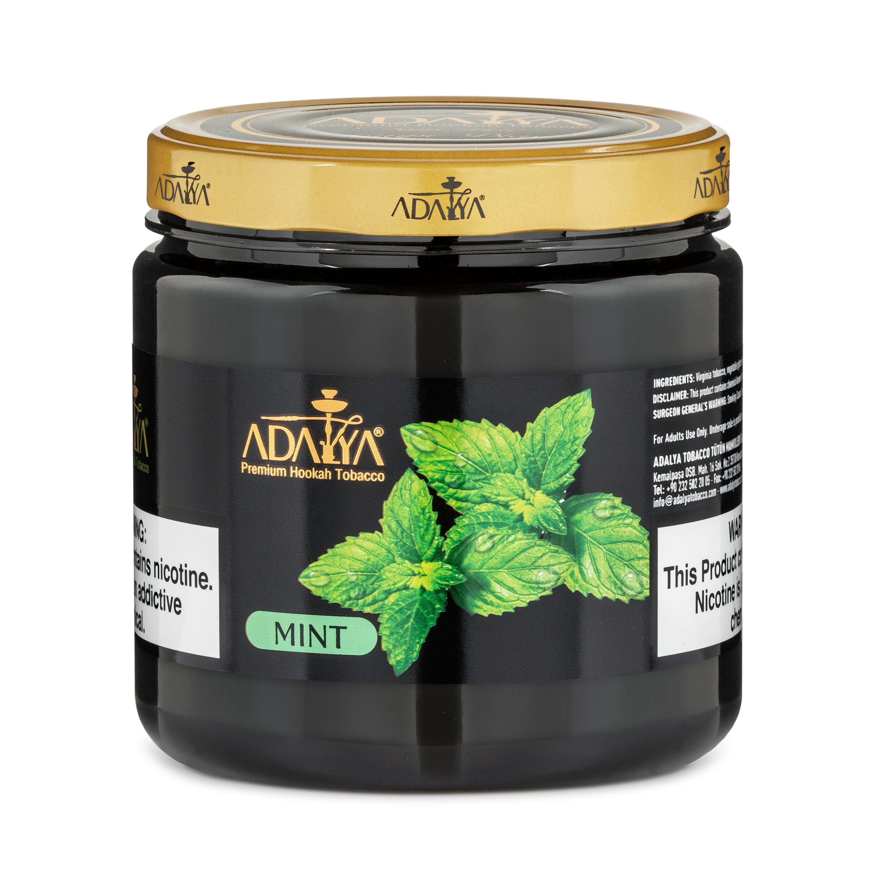 Adalya Premium Hookah Tobacco Mint Flavor in Black Jar with Gold Lid and Green Mint Leaves