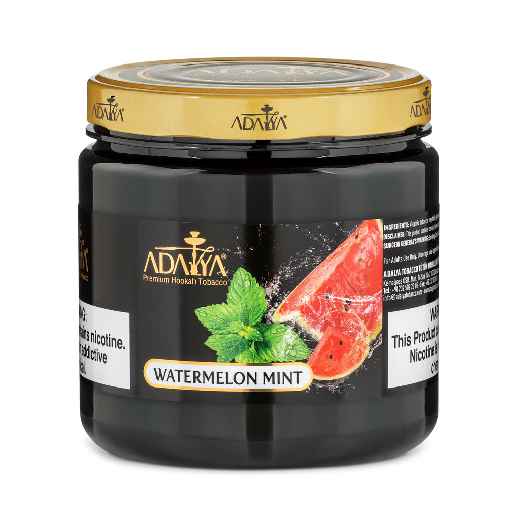 Adalya Watermelon Mint Premium Hookah Tobacco in a black jar with gold lid