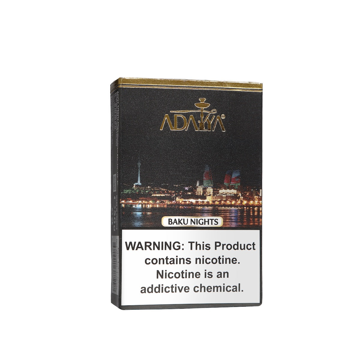 Adalya Baku Nights hookah tobacco pack with city nightscape and nicotine addiction warning label
