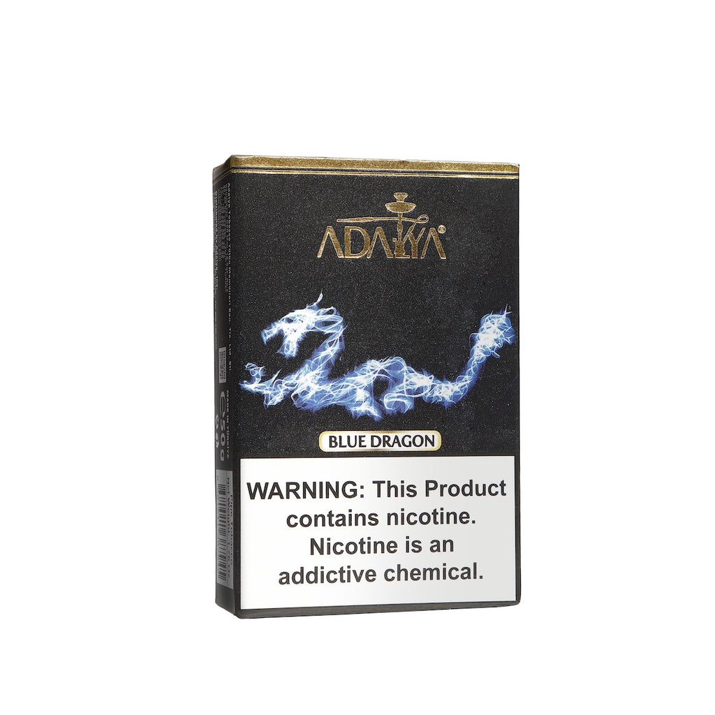 Adalya Blue Dragon flavored nicotine product pack with nicotine addiction warning label