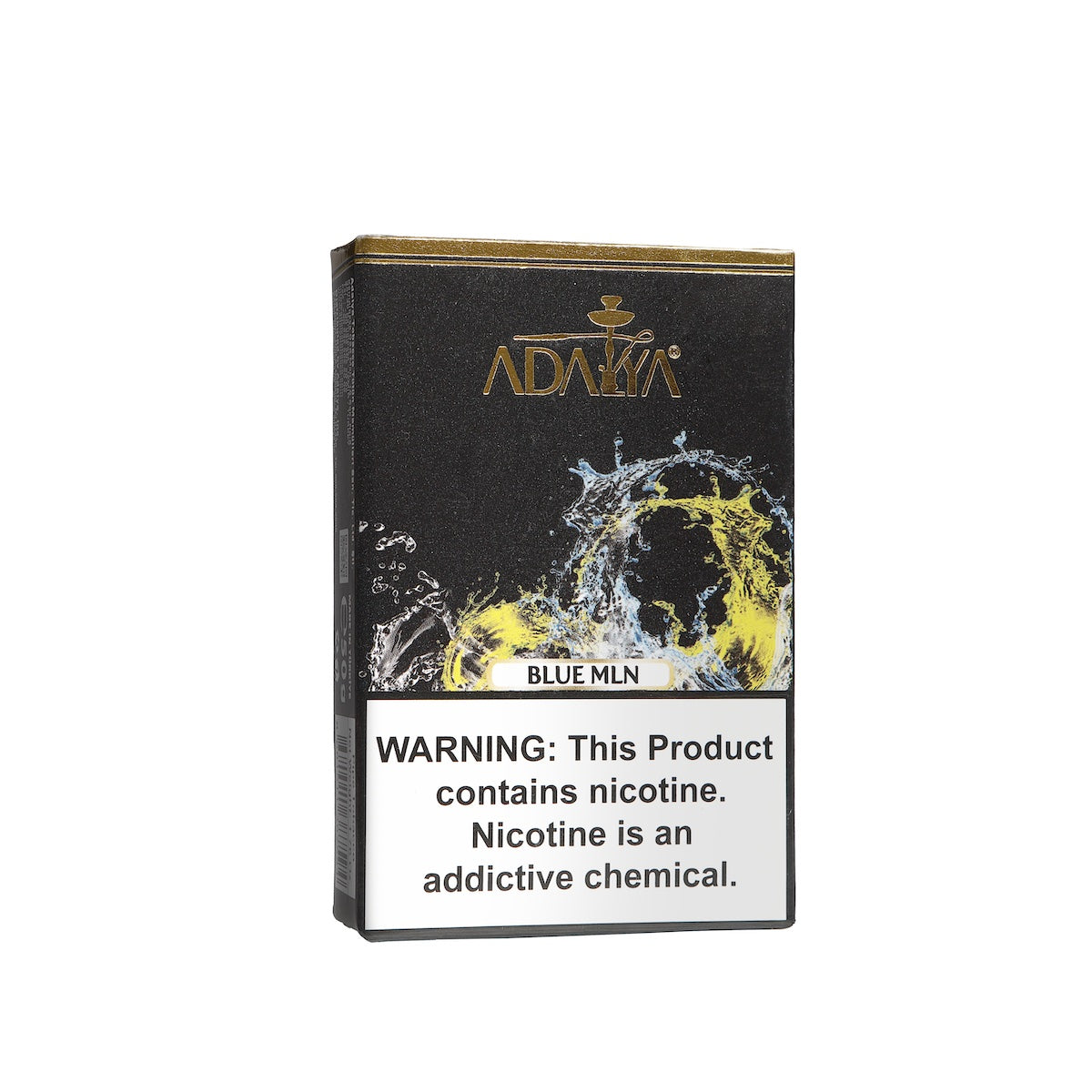 Adalya Blue Mln flavored hookah tobacco pouch with nicotine warning label