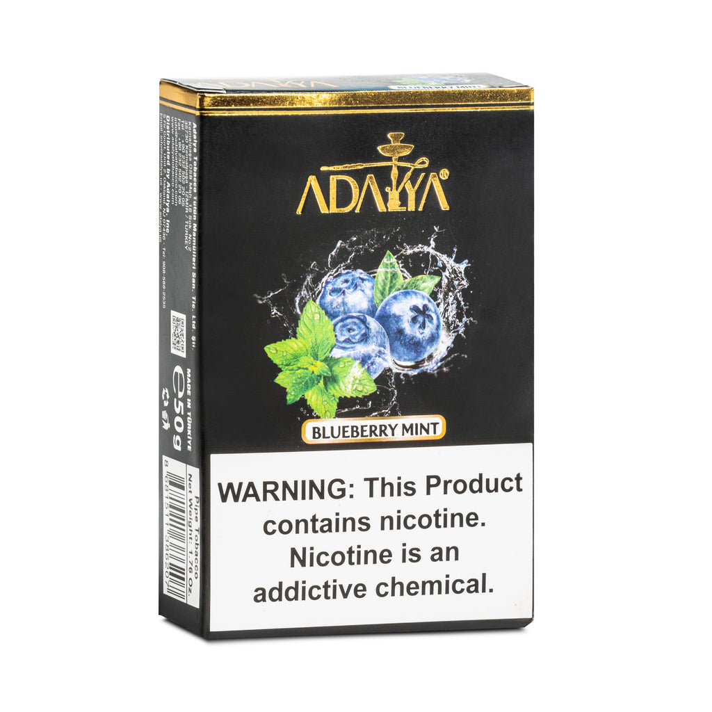 Adalya Blueberry Mint flavored tobacco pack with nicotine warning label