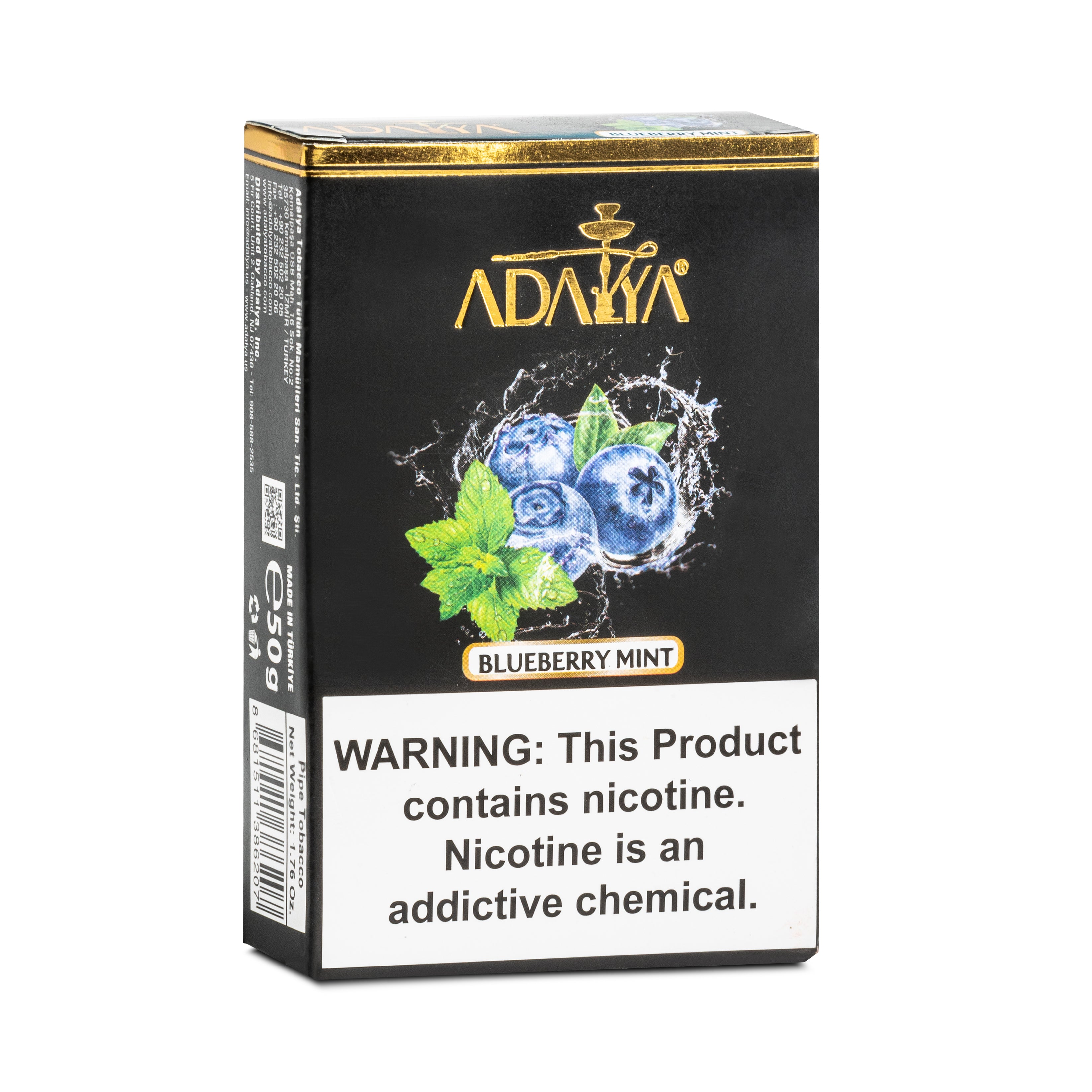 Adalya Blueberry Mint flavored tobacco pack with nicotine warning label