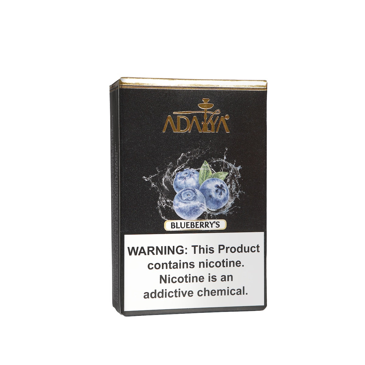 Adalya Blueberry's flavored shisha tobacco pack with nicotine warning label and black packaging