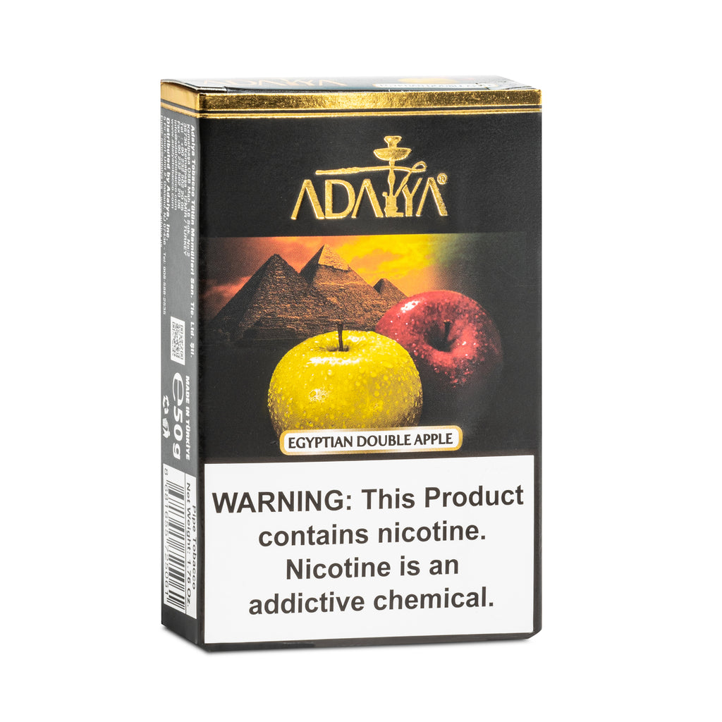 Adalya Egyptian Double Apple flavored hookah tobacco pack with pyramids background and nicotine warning