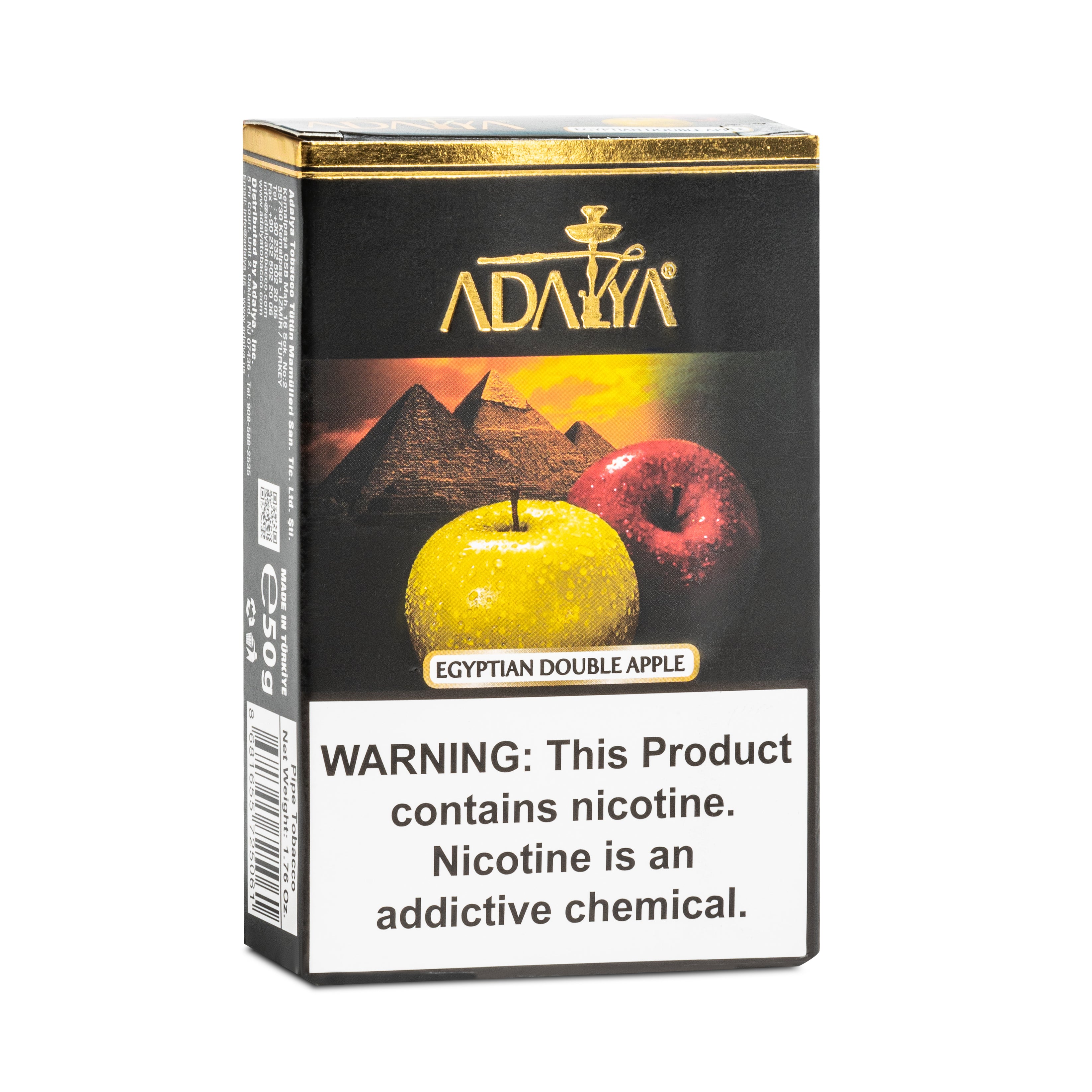 Adalya Egyptian Double Apple flavored hookah tobacco pack with pyramids background and nicotine warning