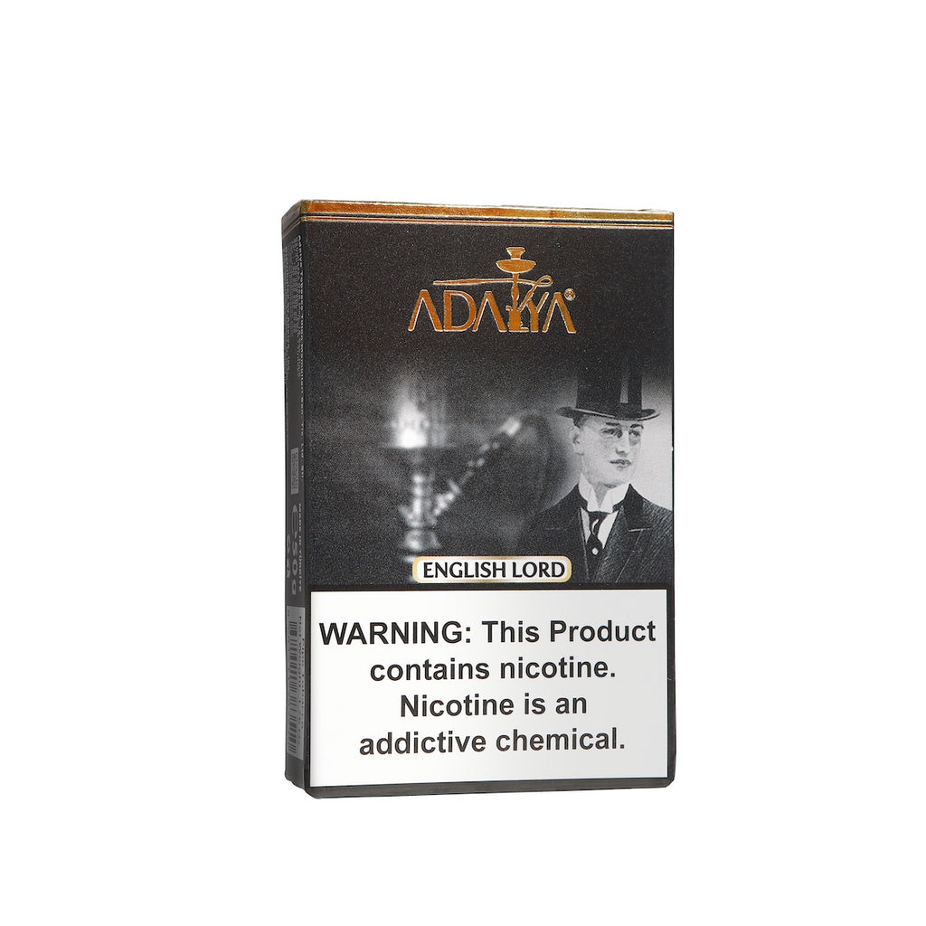 Adalya English Lord shisha tobacco pack with nicotine warning label and vintage gentleman design