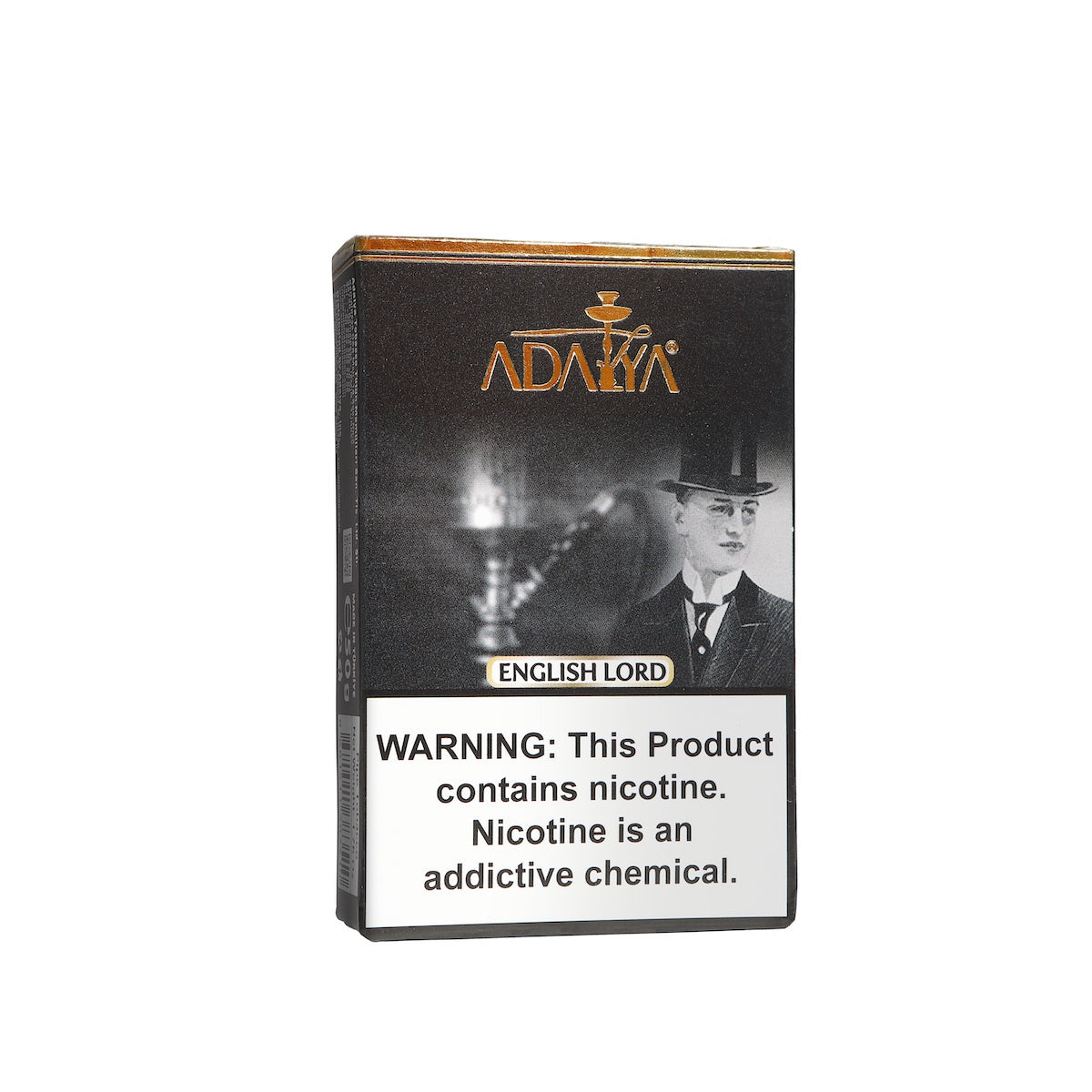 Adalya English Lord shisha tobacco pack with nicotine warning label and vintage gentleman design