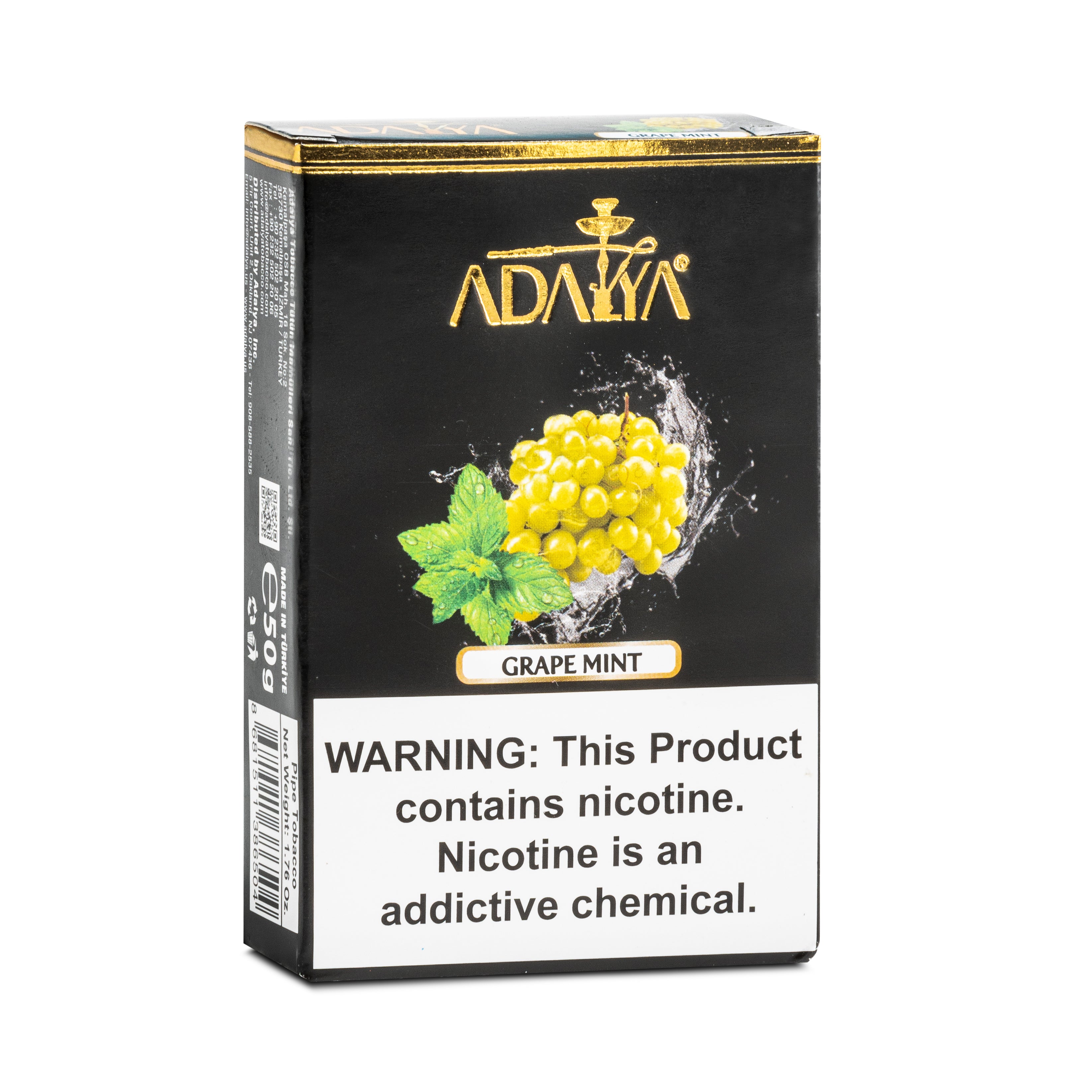 Adalya grape mint flavored hookah tobacco pack with nicotine warning label