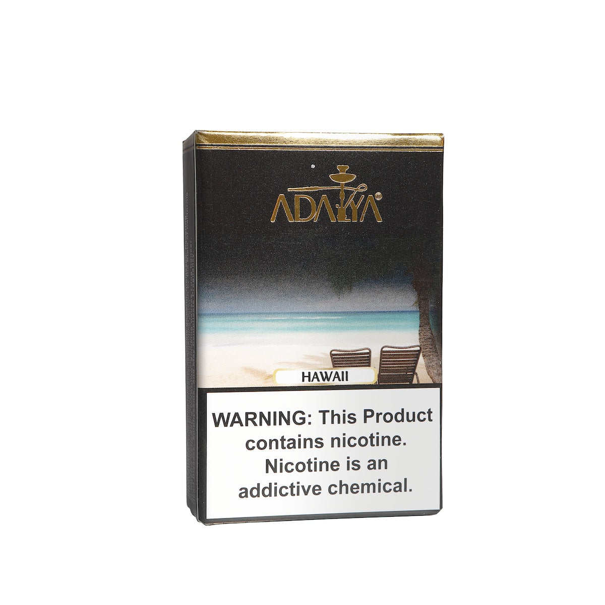 Adalya Hawaii flavored tobacco product packaging with beach scene and nicotine warning label